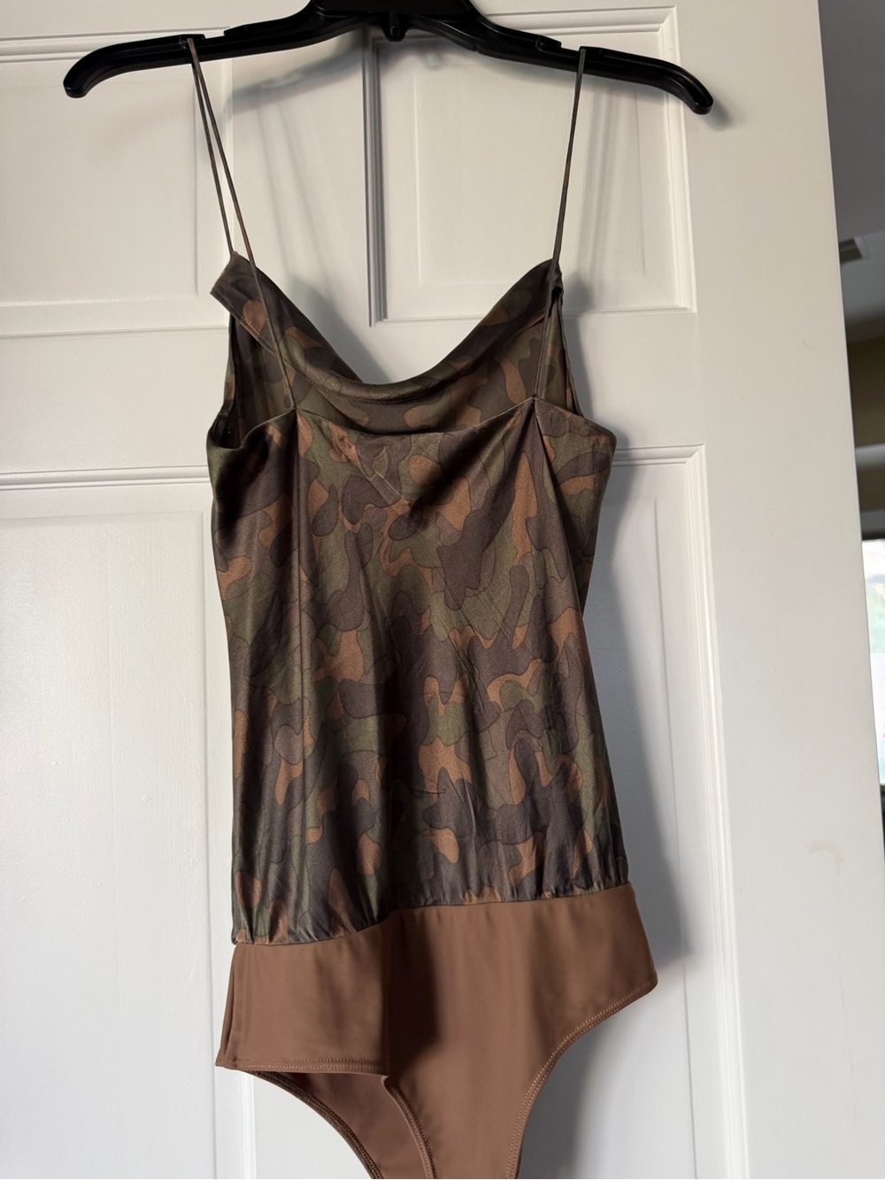 Cami NYC Cowl-Neck Camo Bodysuit in Brown and Olive